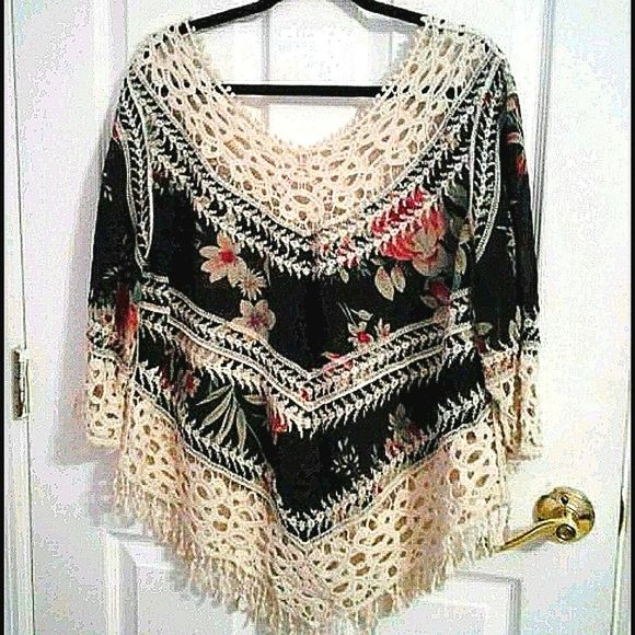 Lapis Boho Black Intricate Lace Floral Flowy Boxy Semi Sheer Overlay Top - Picture 1 of 7